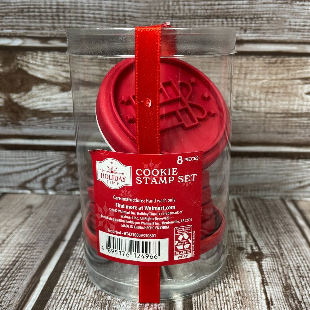 HOLIDAY TIME 8 Pc. Cookie Stamp Set Red Christmas Gift Kitchen Baking Tools NEW